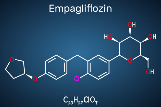 Empagliflozin molecule. It is antidiabetic medication, SGLT2 inhibitor. Structural chemical, dark blue background