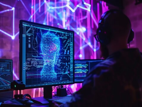 Neural networks, futuristic data analysis, holographic tech setup, dark aesthetic - Powered by Adobe