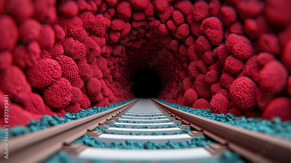 Poster a surreal representation of a tunnel merging with vibrant red textures, creating an abstract and ima