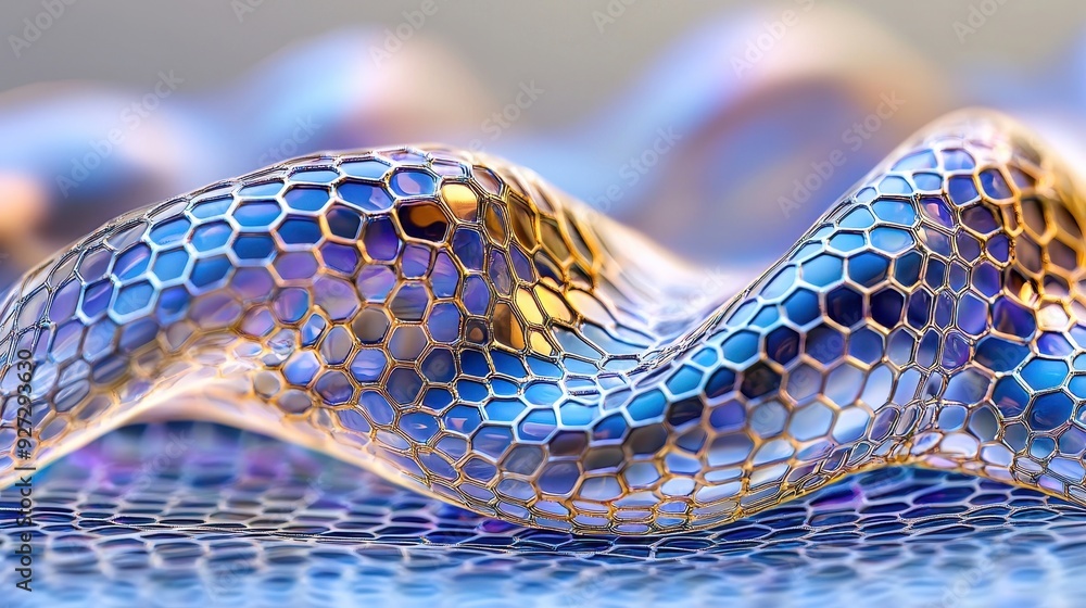 Poster abstract close-up of a colorful hexagonal pattern resembling a snake's skin, showcasing vibrant colo