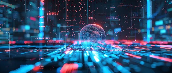 Machine learning, advanced data analysis, neon holograms, sleek modern design