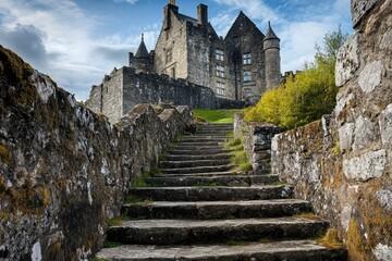 A stone staircase leads to a castle. The castle is old and has a Gothic style. The sky is blue and there are clouds in the background , ai © Dzikrul Husnani