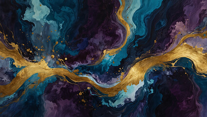 Obraz premium An abstract art piece with fluid, organic forms that blend seamlessly into each other, using a mix of deep blues, purples, and gold accents to evoke the feeling of flowing water or drifting clouds.