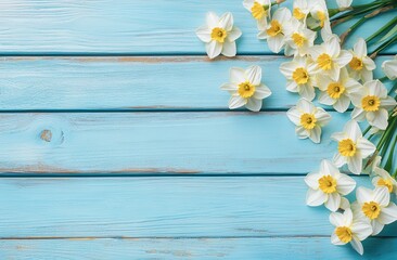 Fototapeta premium Light blue wooden background with daffodils
