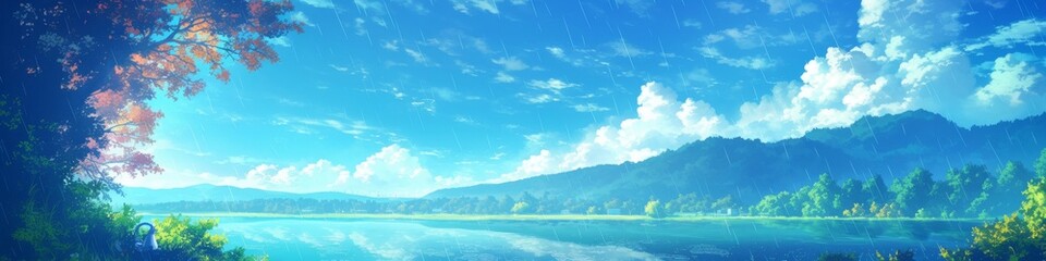 Fototapeta premium Ethereal Anime Autumn Rain: Innocent Girl Washing Clothes by Misty River. Dreamy 4K Scene with Falling Blue Droplets, Foggy Water, Overcast Sky, and Lush Mountains. Perfect for UI, Web, and Poster Des