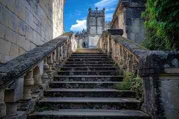 A stone staircase leads to a castle. The castle is old and has a Gothic style. The sky is blue and there are clouds in the background, ai