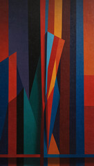 A geometric abstract artwork with sharp, contrasting shapes in bold primary colors, arranged in a way that creates a sense of depth and three-dimensionality, with shadows and highlights enhancing the 