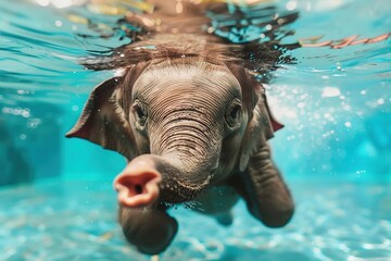 A playful baby elephant swimming underwater, showcasing its curiosity and playful nature.