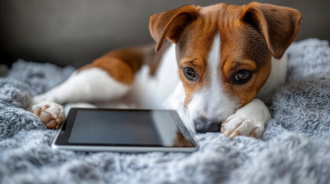 Designer dog creating projects on a tablet while dressed in a fashionable outfit at home - Powered by Adobe