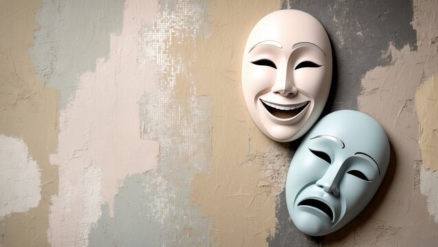 Two artistic masks display contrasting emotions against a textured wall backdrop