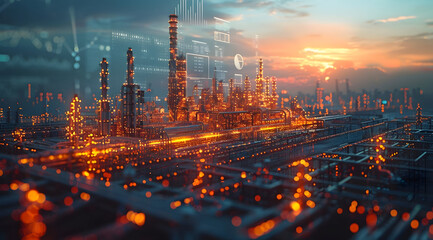 Fototapeta premium Industrial Complex at Sunset - 3D Illustration