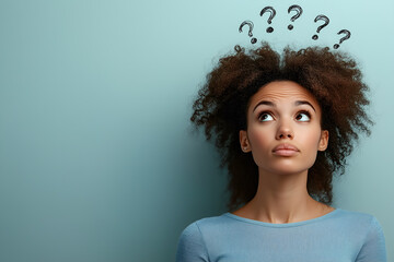 A woman and her head obscured by question marks, suggesting overthinking or confusion