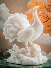 Obraz premium White stone carving of a bird with spread wings, standing on a stone cloud with a leaf detail.