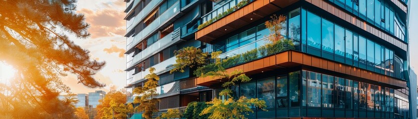 Eco-friendly building. Sustainable office building with garden on balconies for reducing carbon dioxide. Office building with green environment. Corporate building reduce CO2. Net zero building.