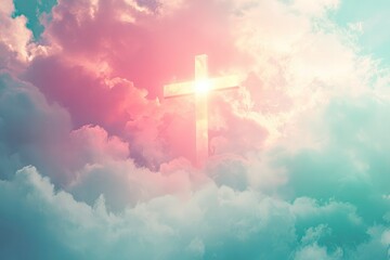 Christian cross appeared bright in the sky with soft fluffy clouds, white, beautiful colors. With the light shining as hope, love and freedom in the sky background , ai