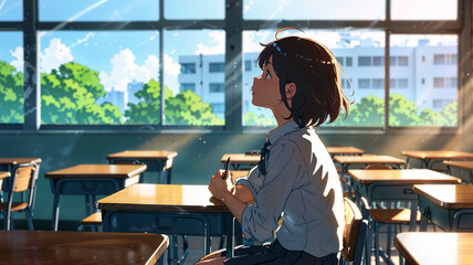 An anime student daydreams by the window during class, with a blue sky outside and scattered notebooks, evoking a peaceful, introspective moment.