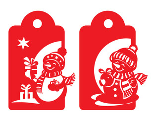 Two tags with cut out design. Snowman with gifts. Cut out file