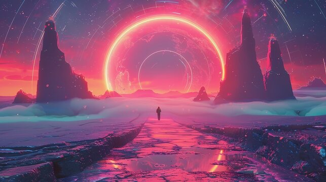 A surreal landscape with glowing elements and a lone figure, evoking a sense of exploration and wonder.