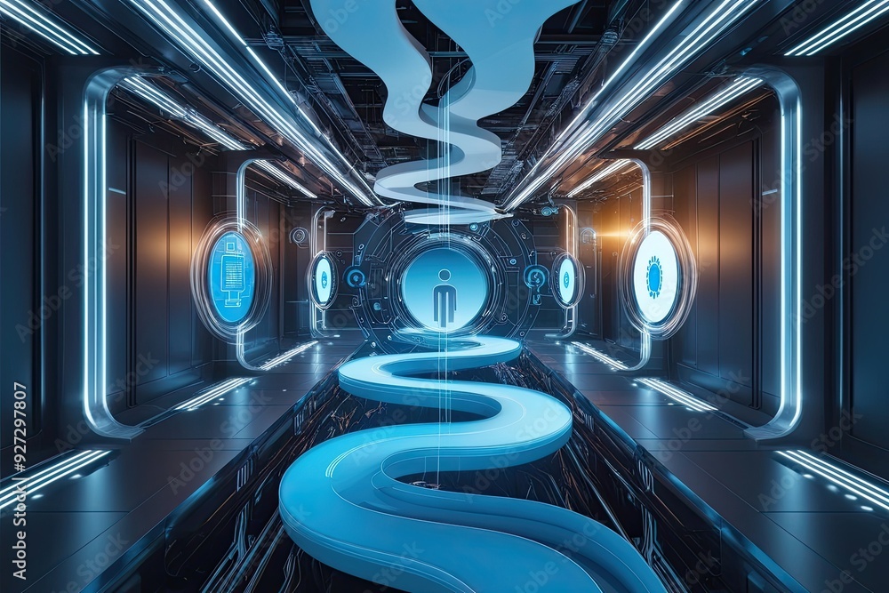 Poster innovative visualization of api ecosystem synergy with flowing streams in a sleek tech-centric envir