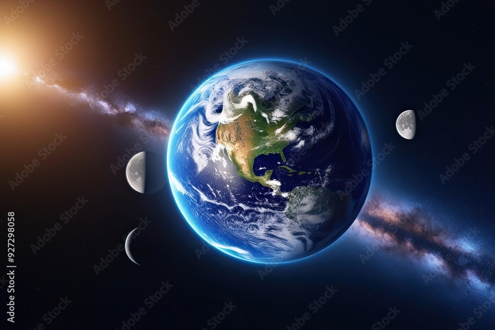 Poster high quality 3d visualization of earth and moon in deep space exploring the cosmos and solar system