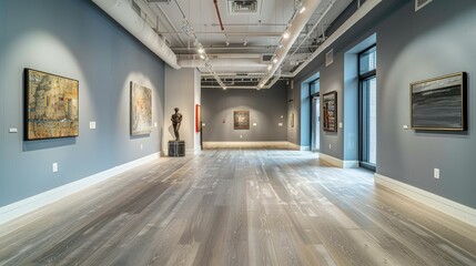 Indoor photo of inside a fancy new york art gallery in the morning empty floor, named midnight muse. greyish blue walls