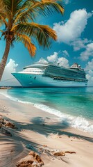 Obraz premium A serene beach scene: a white cruise ship near palm trees, clear blue waters, and a peaceful setting with pebbles and rocks.