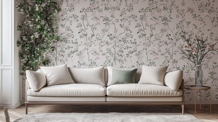 Instant photo photo of dainty floral wallpaper in modern living room with modern plain sofa, carpet, and decor items like flowers in vase, metal twists, etc. and white, green, and pink