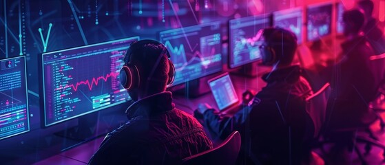 Intense financial trading floor with focused team surrounded by screens displaying data. High-tech futuristic setting with sleek designs and purple background.