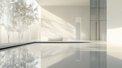 Minimal contemporary abstract gentle light beige interior room with reflection of tree.