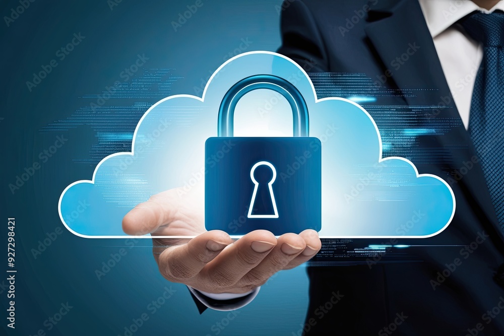 Poster cloud cybersecurity solutions featuring padlock symbol for enhanced data protection and computing se