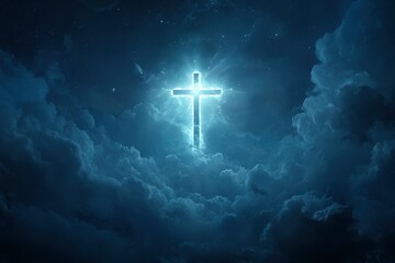Concept of christian religion shining cross on the background of cloudy night sky. Dark sky with cross and cloud. Divine shining heaven, light. Religious background , ai