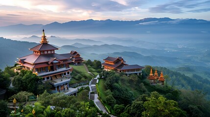 Naklejka premium Buddhist temple complex nestled on a lush green mountain ridge surrounded by mist and distant peaks at sunrise.