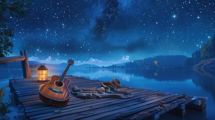 Tranquil Night by the Lake with a Guitar