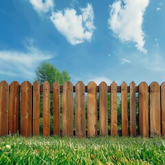 Fototapeta premium A wooden fence against a blue sky and green grass, creating a serene outdoor atmosphere.
