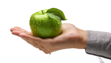 fresh green apple with waterdrop and hand on transparent background