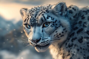 Obraz premium Detailed close-up of a rare snow leopard in a snowy mountainous landscape at dawn