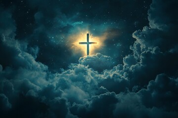 Naklejka premium Concept of christian religion shining cross on the background of cloudy night sky. Dark sky with cross and cloud. Divine shining heaven, light. Religious background , ai
