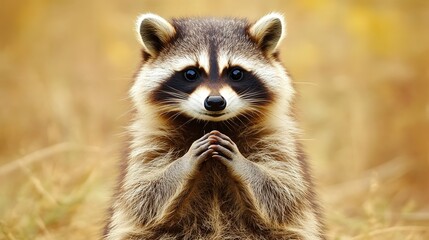 Obraz premium Close-up photo of a raccoon sitting calmly with hands folded, thoughtful expression on a soft-focus background.