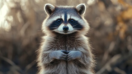 Fototapeta premium Close-up photo of a raccoon sitting calmly with hands folded, thoughtful expression on a soft-focus background.