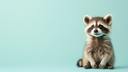 Obraz premium A happy Raccoon puppy sitting on a solid mint blue background with space above for text, illustration background 
