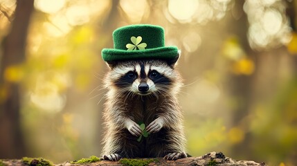 Obraz premium Cute adorable racoon wearing leprechaun St. Patrick green hat 