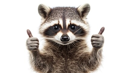Obraz premium Cheerful raccoon showing hands with thumbs up, isolated on a white background