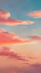 Obraz premium pastel sunset sky, vibrant pink and orange hues, gradient blending, soft blue tones, wispy clouds, serene atmosphere, tranquil sky, dreamy ambiance, ethereal sky, impressionistic sky, soft gradient