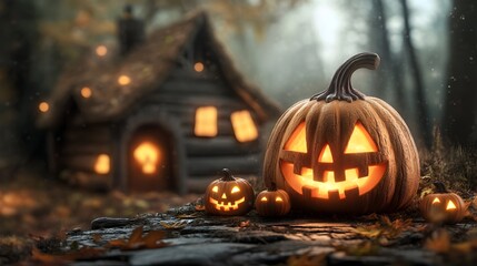 Fototapeta premium Glowing Jack-o'-Lantern in Front of Spooky Cabin in Moonlit Autumn Woods