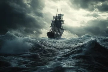 Fototapete Rund Dynamic pirate ship navigating turbulent seas under stormy skies © anzodesign