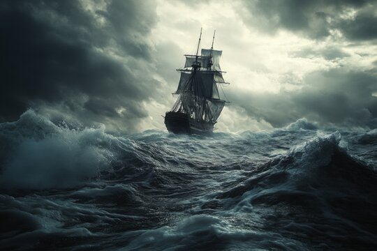 Dynamic pirate ship navigating turbulent seas under stormy skies
