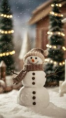 Obraz premium snowman, winter wonderland, snowfall, cozy ambiance, scarf and hat, twinkling lights, pine trees background, soft focus, serene atmosphere, holiday spirit, festive scene, christmas snowman, winter