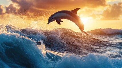 Dolphin Leaping Through Waves at Sunset