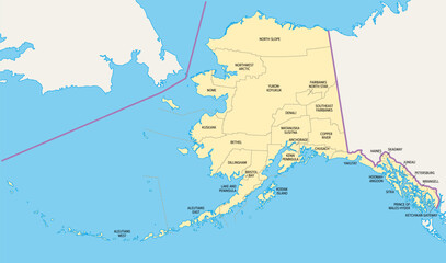 Fototapeta premium Alaska, U.S. state, political map, subdivided into 19 organized boroughs and 11 census areas. State on the northwest extremity of North America in the Western United States region. The Last Frontier.