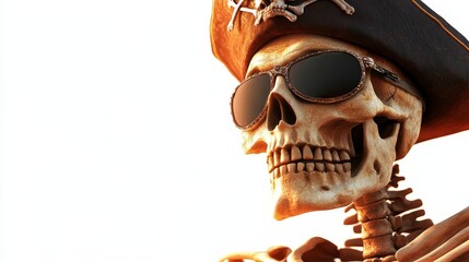 A humorous pirate skeleton wearing sunglasses and a captain's hat, perfect for Halloween or thematic decorations.